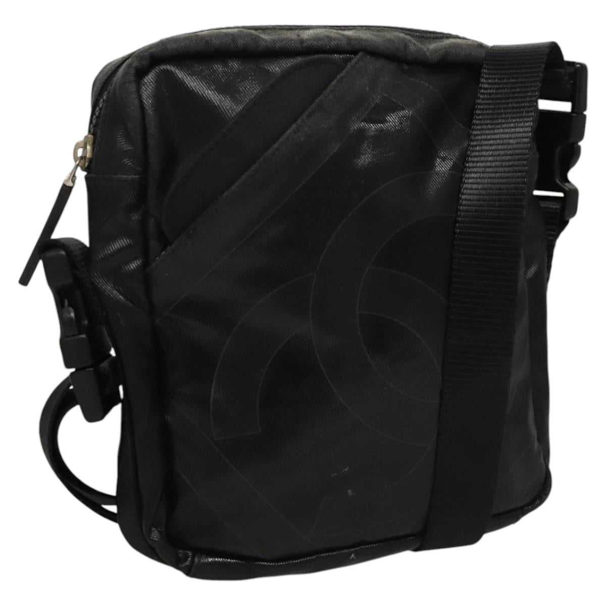 CHANEL Sports Shoulder Bag Coated Canvas Black CC Auth bs23718