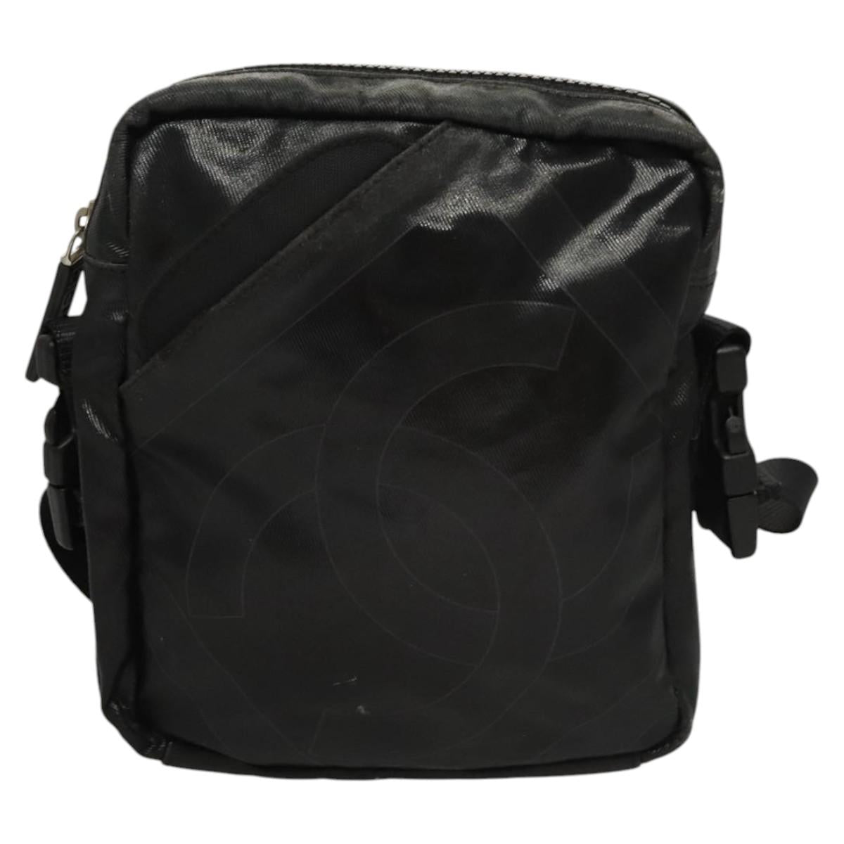 CHANEL Sports Shoulder Bag Coated Canvas Black CC Auth bs23718