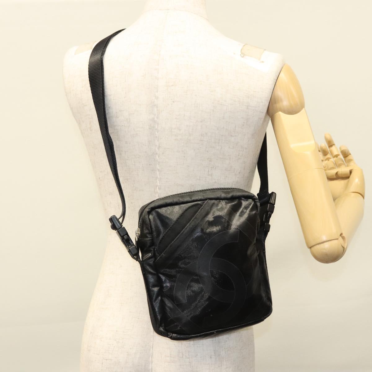 CHANEL Sports Shoulder Bag Coated Canvas Black CC Auth bs23718