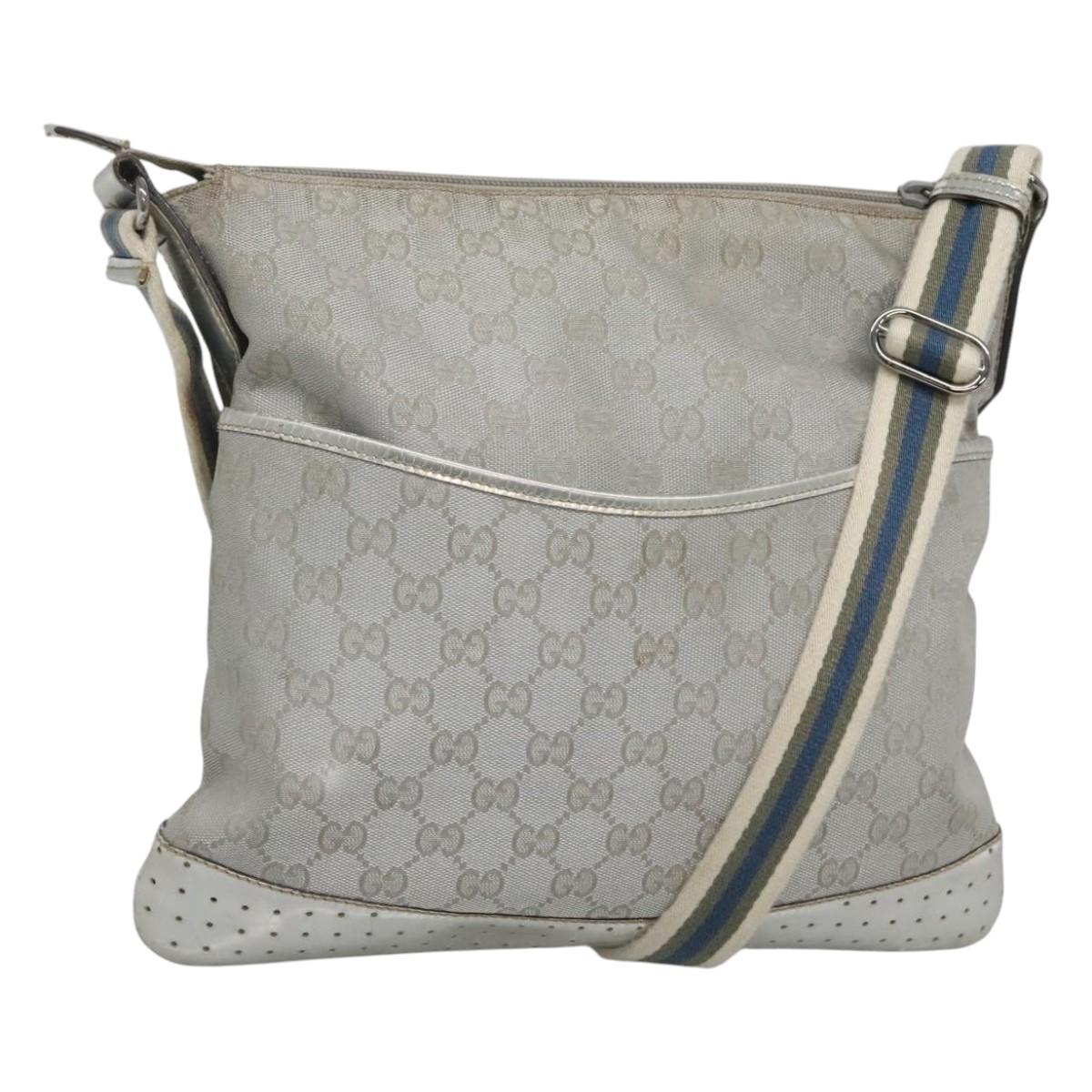 GUCCI GG Canvas Sherry Line Shoulder Bag Gray Silver blue 145857 Auth bs23771