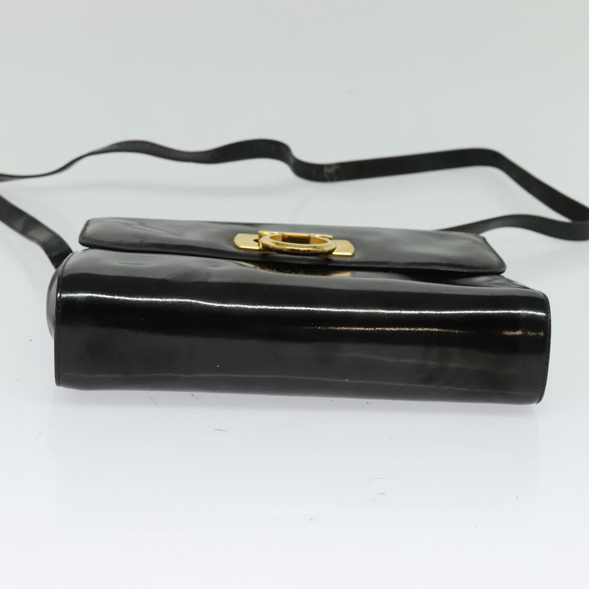 Salvatore Ferragamo Gancini Shoulder Bag Enamel Black Gold Auth bs23808