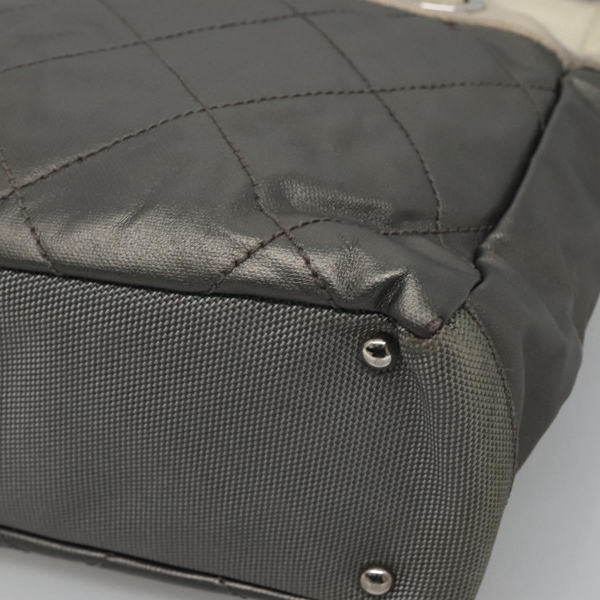 CHANEL Paris Biarritz PM Tote Bag Coated Canvas Silver CC Auth bs23887