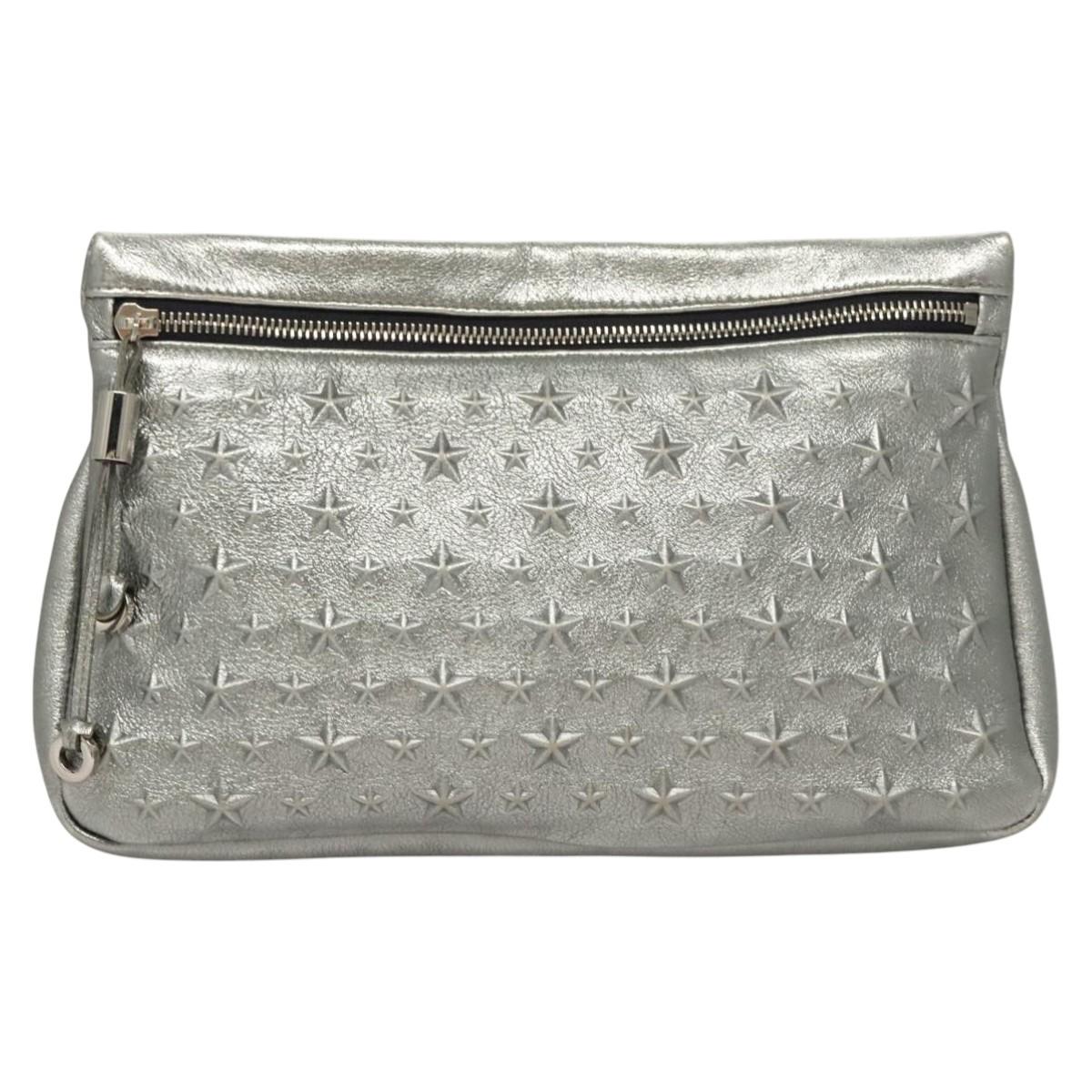 Jimmy Choo Clutch Bag Leather Silver Auth bs23914