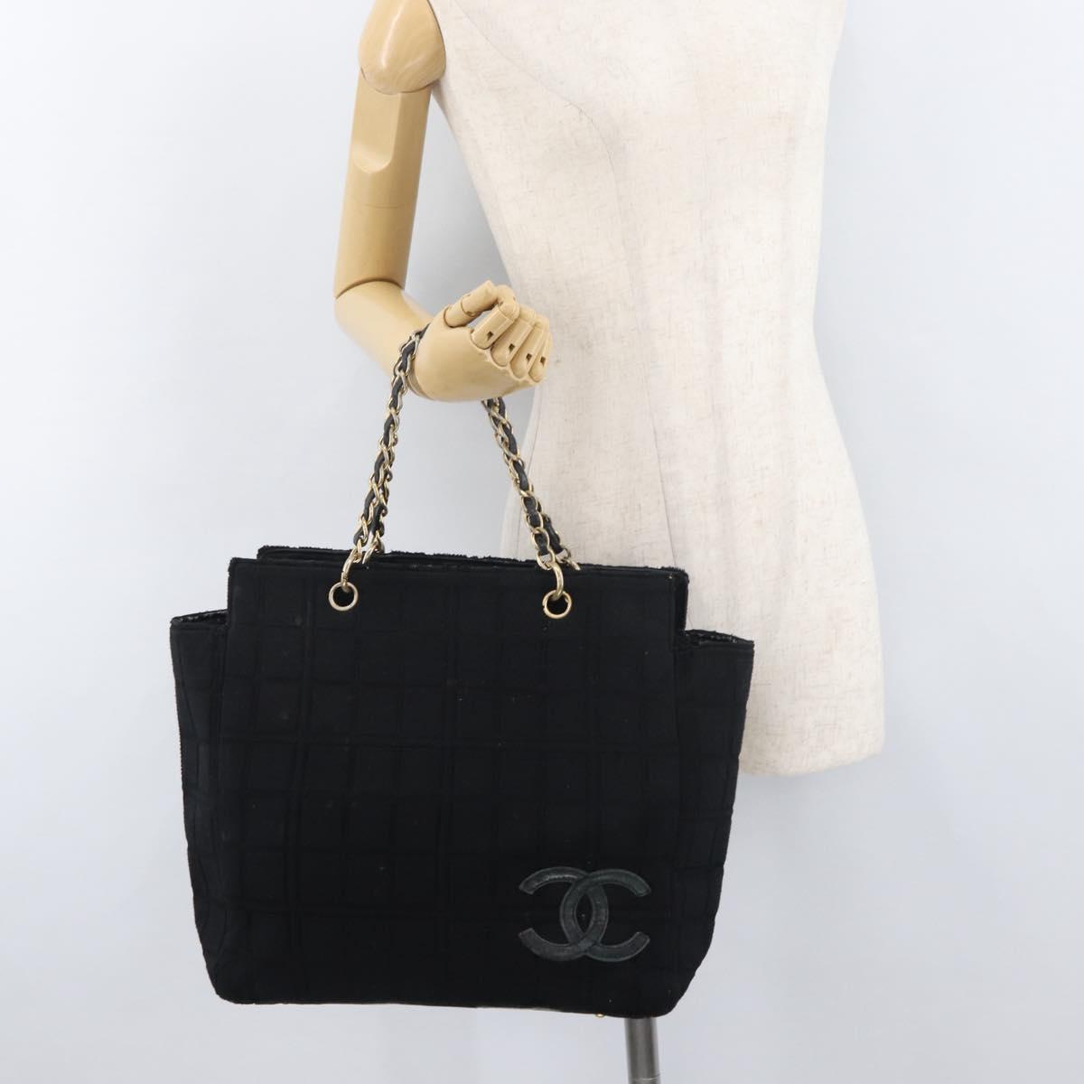 CHANEL Chain Hand Bag Cotton Black Gold CC Auth bs23972