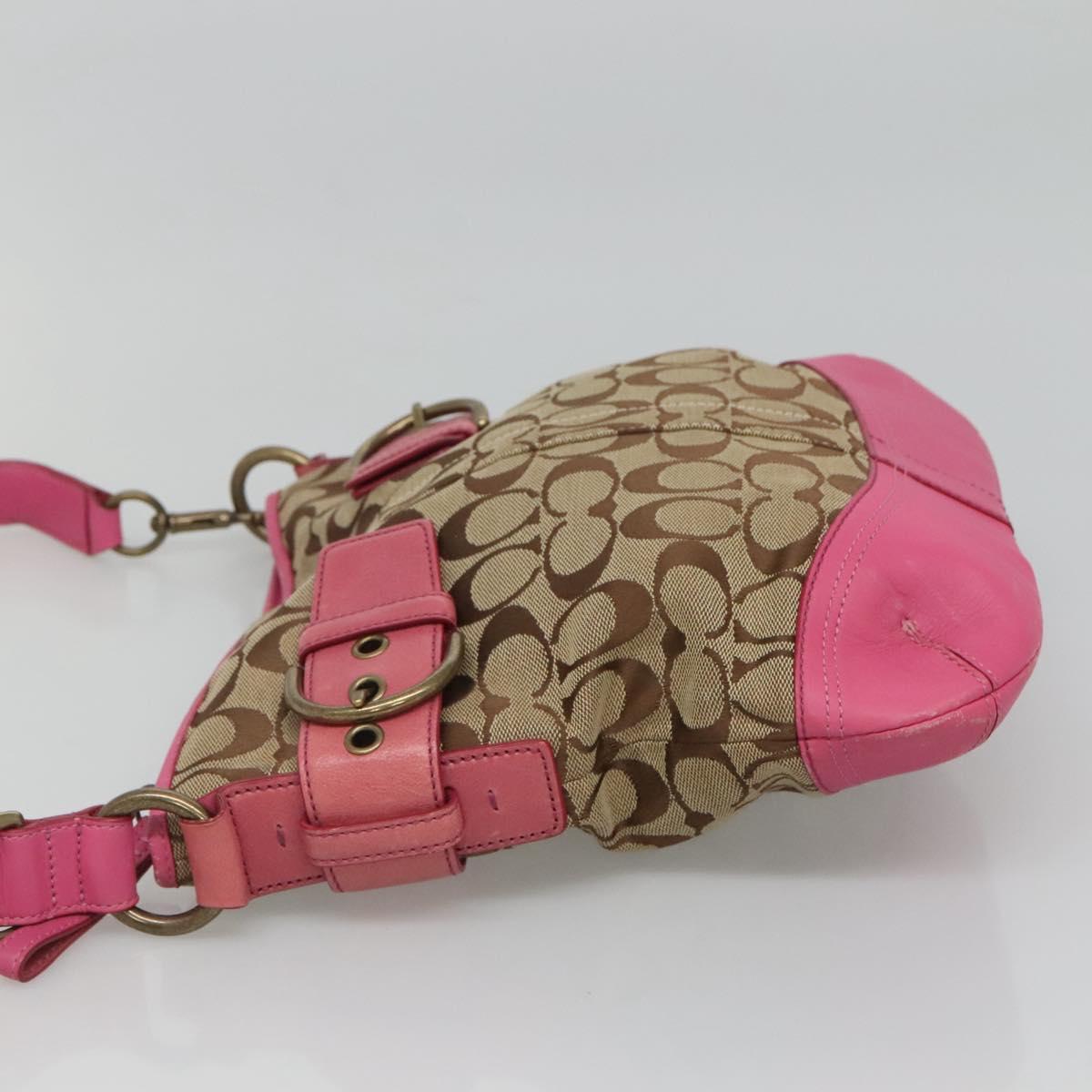 Coach Signature Shoulder Bag Canvas Beige Pink Auth bs24115