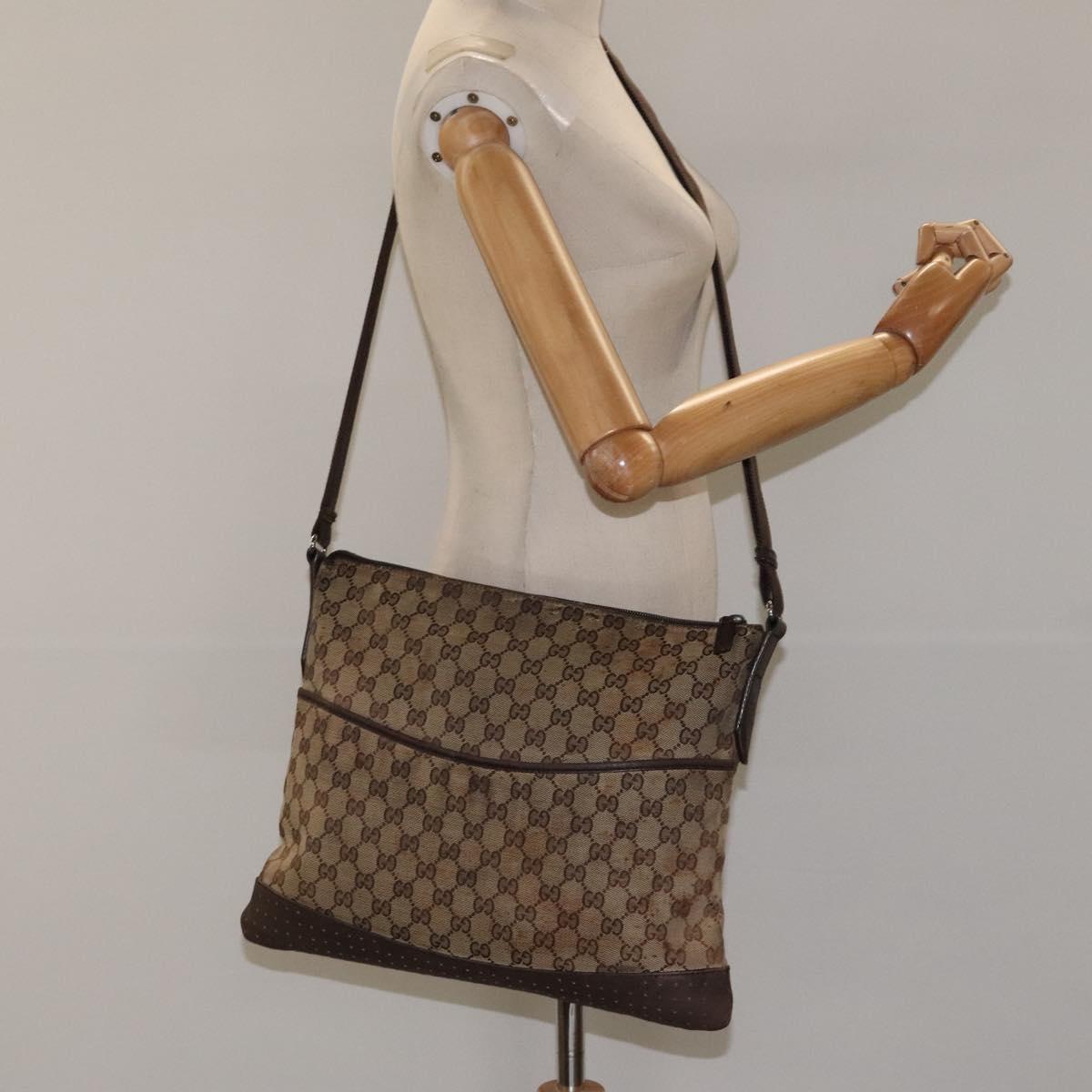 GUCCI GG Canvas Shoulder Bag Beige Silver 145856 Auth bs24170
