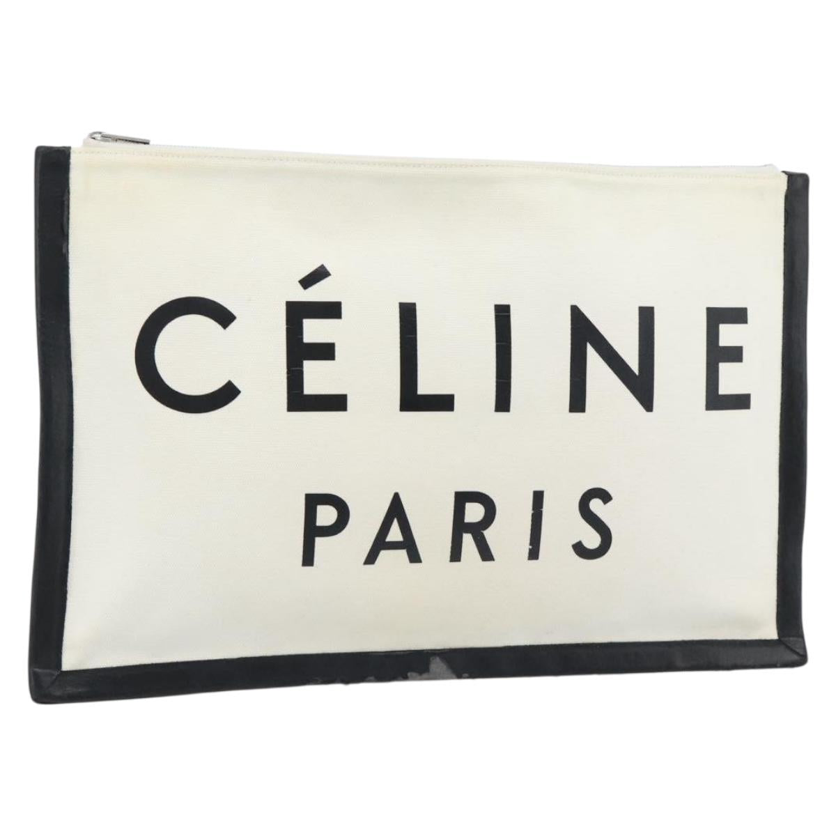 CELINE Clutch Bag Canvas White Black Auth bs24215