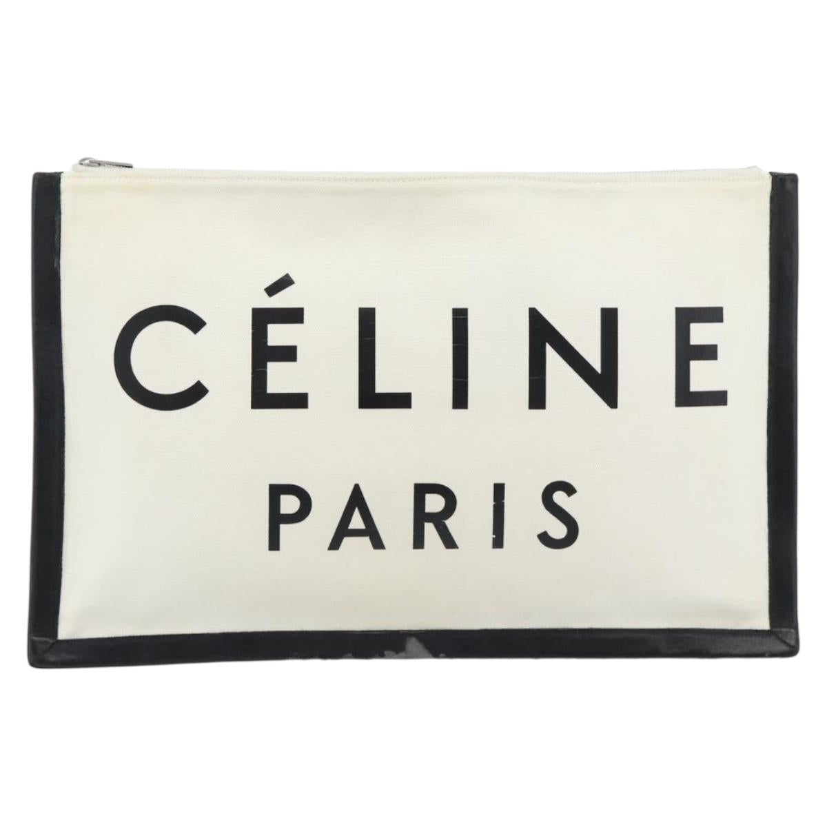 CELINE Clutch Bag Canvas White Black Auth bs24215