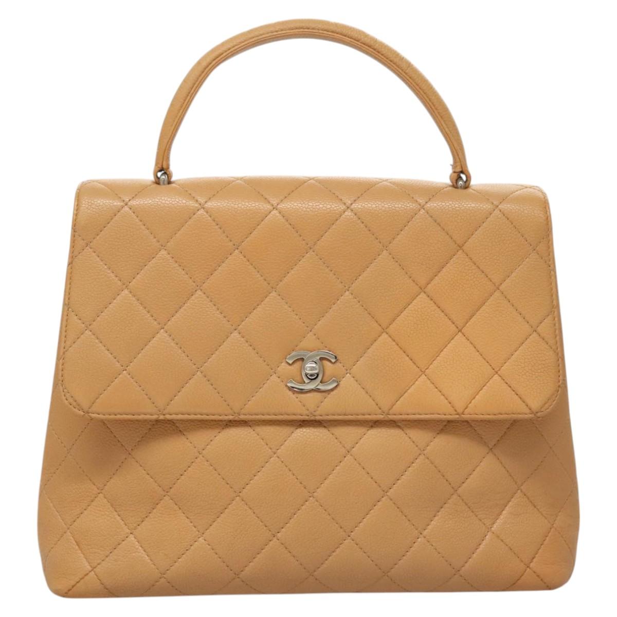 CHANEL Matelasse Hand Bag Calf Skin Beige CC Auth bs24263