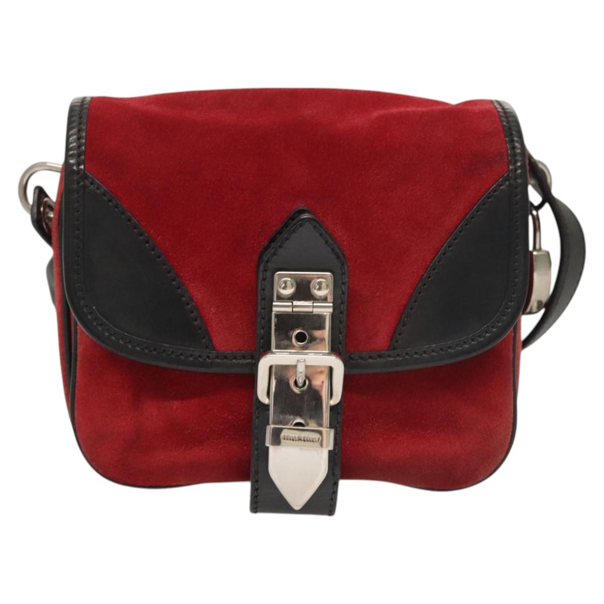 Miu Miu Shoulder Bag Suede Leather Red Black Auth bs24294
