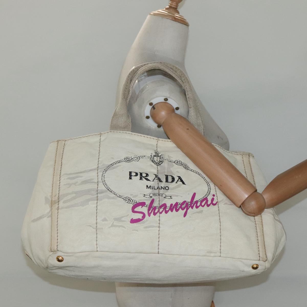 PRADA Canapa GM Hand Bag Canvas White Gold Auth bs24371