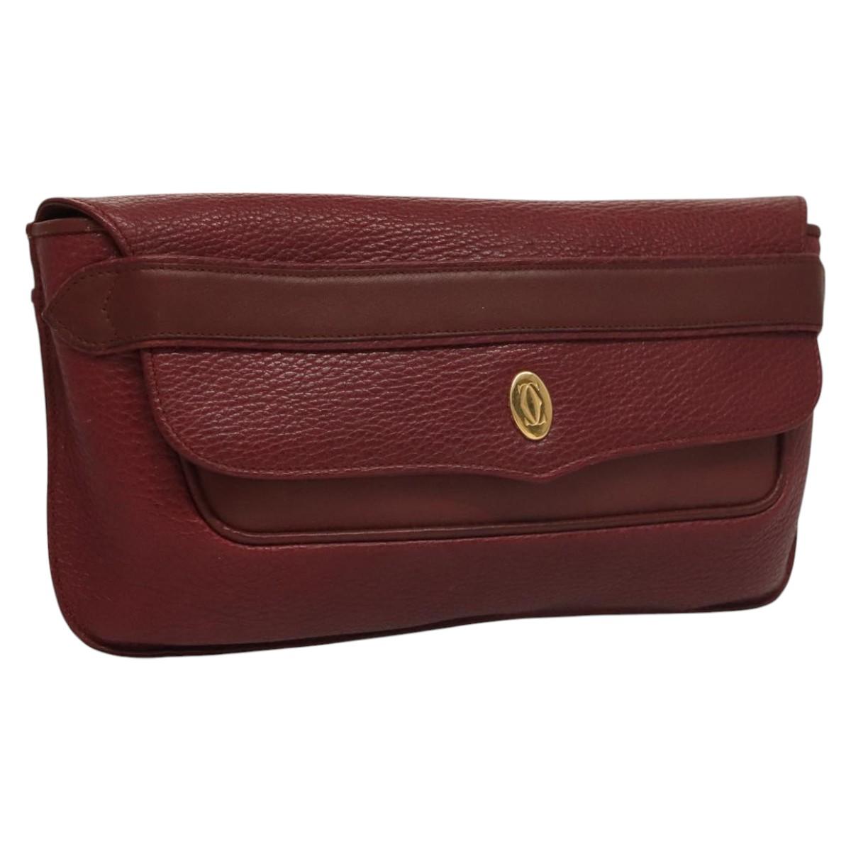 CARTIER Clutch Bag Leather Bordeaux Gold Auth bs24416