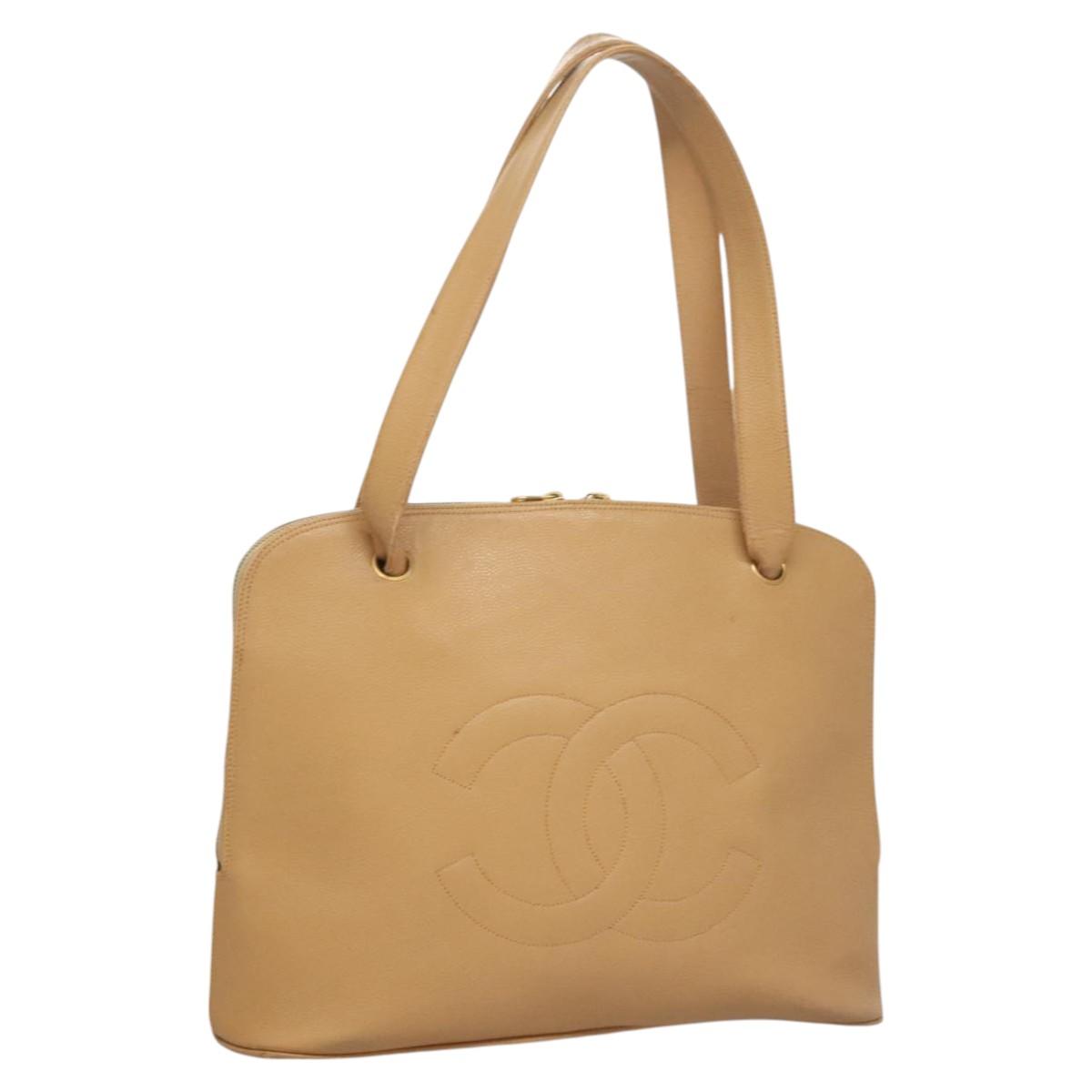 CHANEL Shoulder Bag Calf Skin Beige CC Auth bs24445