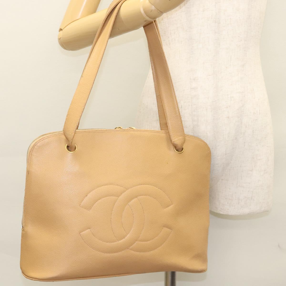 CHANEL Shoulder Bag Calf Skin Beige CC Auth bs24445