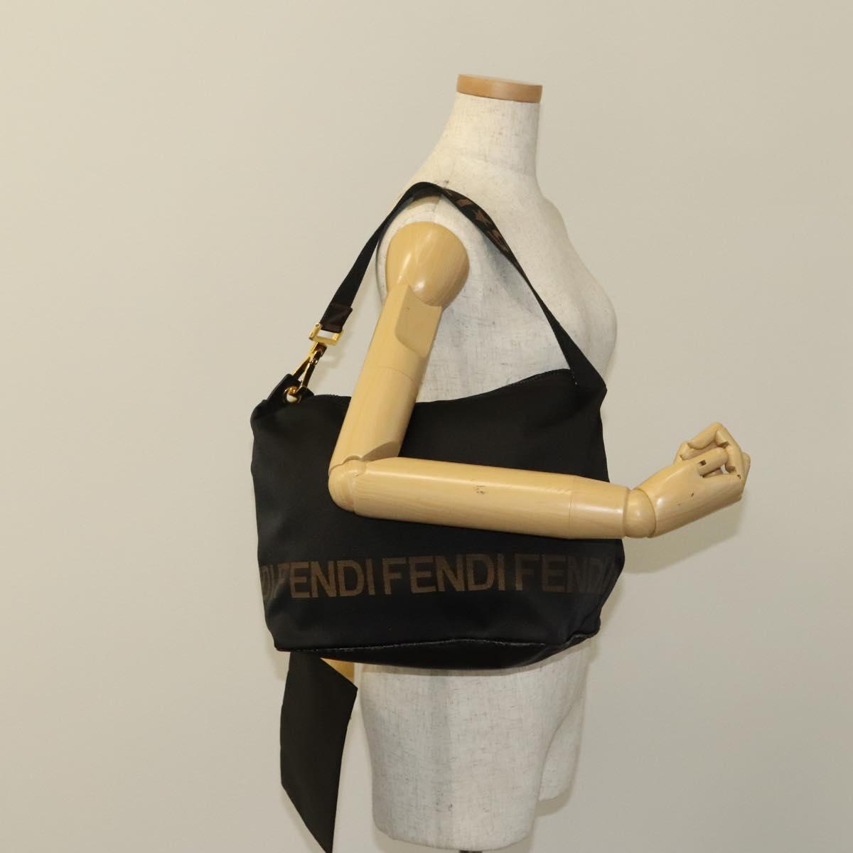 FENDI Shoulder Bag Nylon Black Gold Auth bs24463