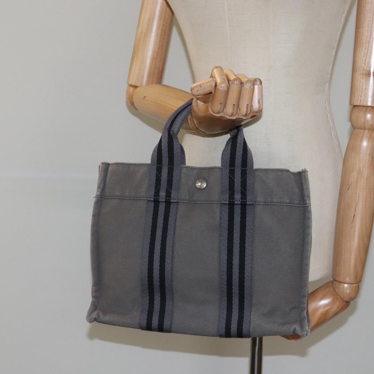HERMES Fourre Tout PM Hand Bag Canvas Black Gray Silver Auth bs24475