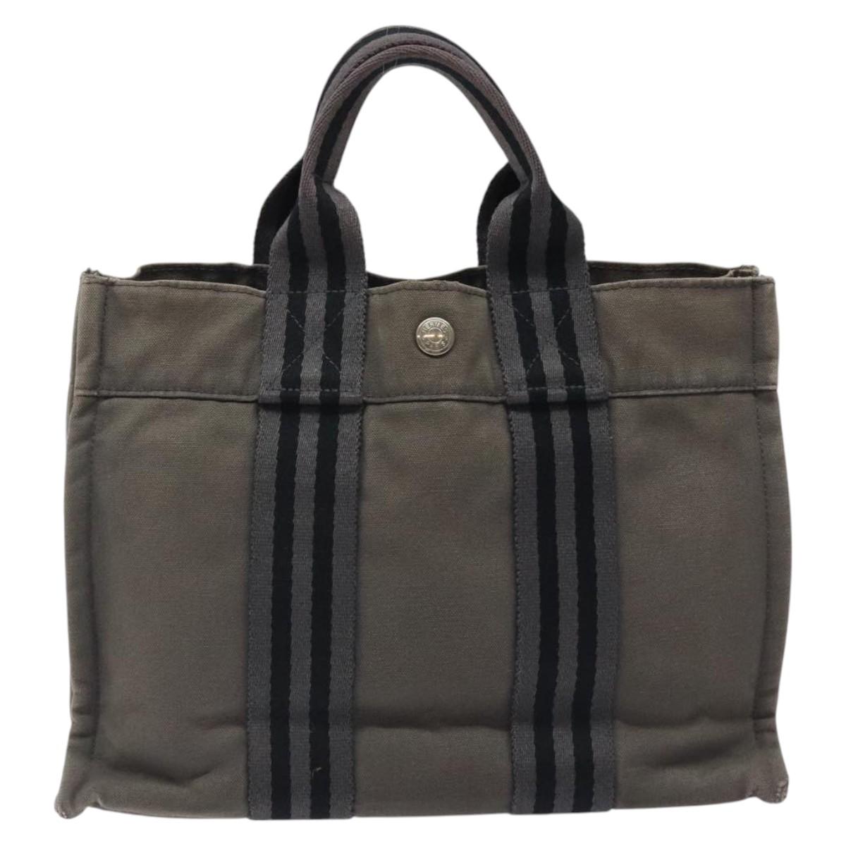HERMES Fourre Tout PM Hand Bag Canvas Black Gray Silver Auth bs24475