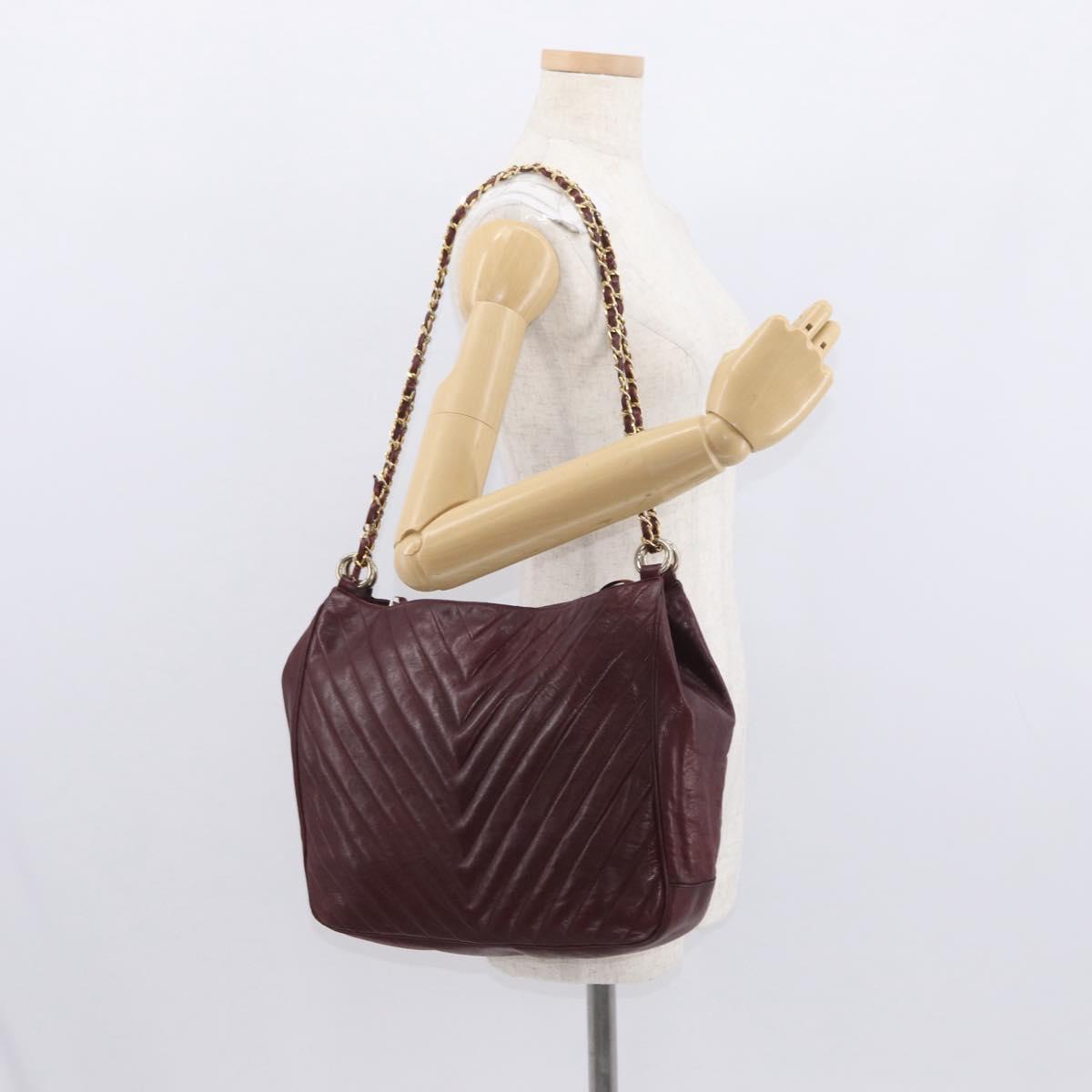 CHANEL Chain V Stitch Shoulder Bag Lamb Skin Bordeaux Gold CC Auth bs24546