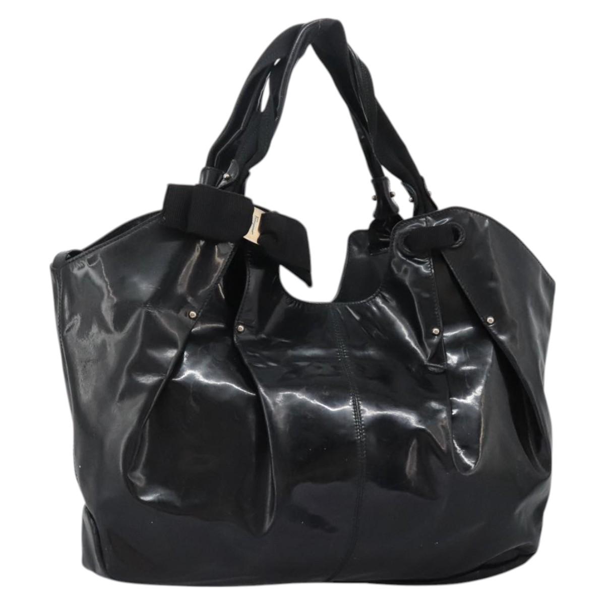 Salvatore Ferragamo Shoulder Bag Enamel Black Gold Auth bs24560