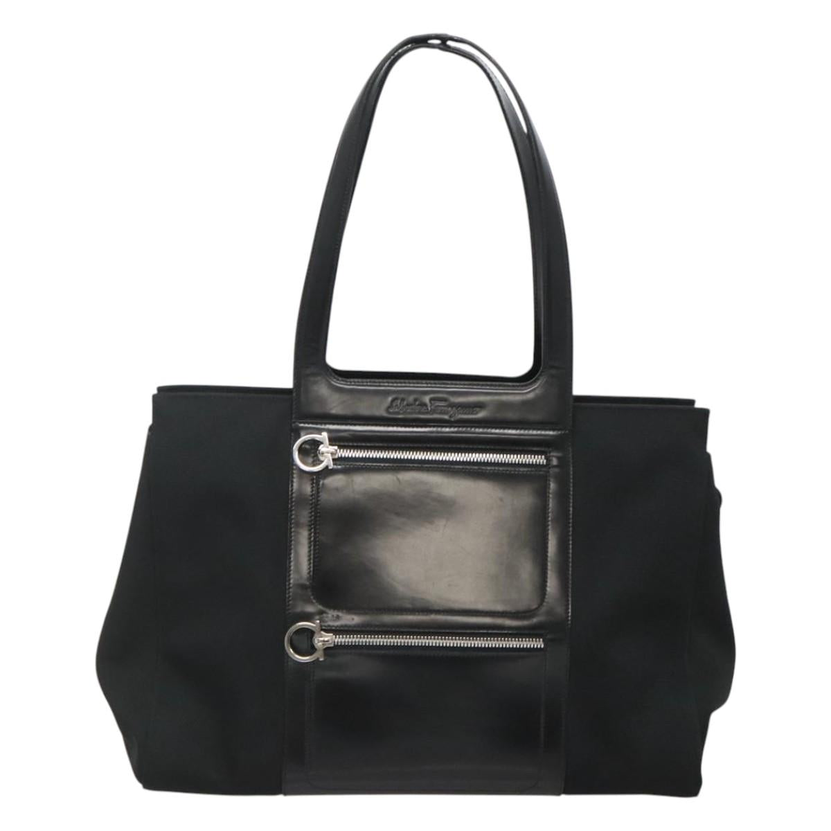 Salvatore Ferragamo Gancini Bag Canvas Leather Black Silver Auth bs24678