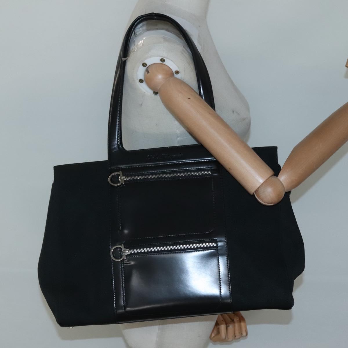 Salvatore Ferragamo Gancini Bag Canvas Leather Black Silver Auth bs24678