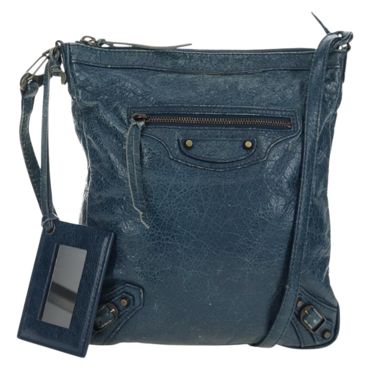 BALENCIAGA Classic Flat Shoulder Bag Leather Blue Auth bs24746