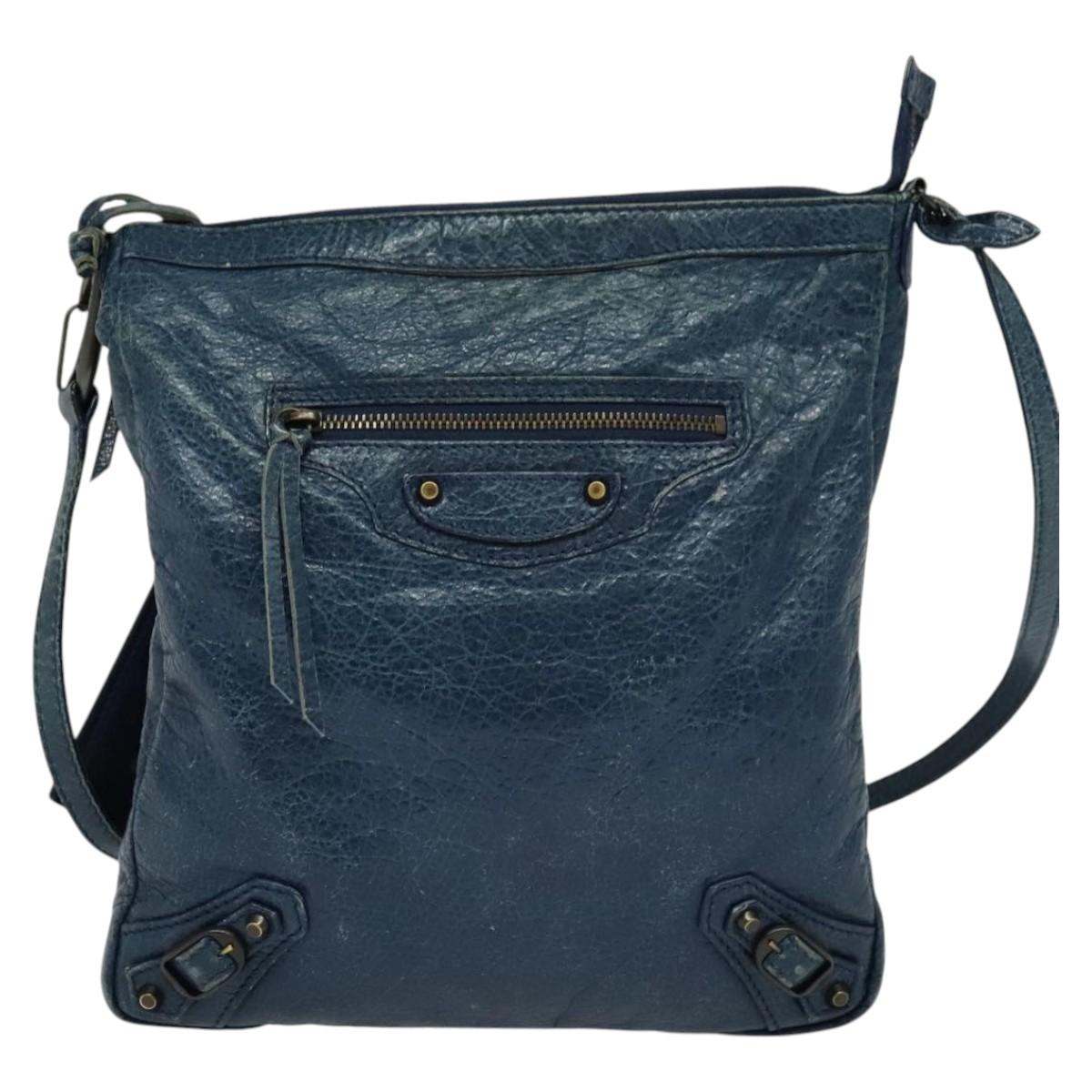 BALENCIAGA Classic Flat Shoulder Bag Leather Blue Auth bs24746
