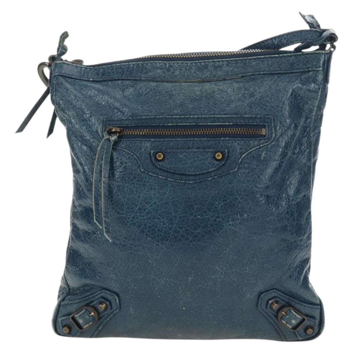BALENCIAGA Classic Flat Shoulder Bag Leather Blue Auth bs24746