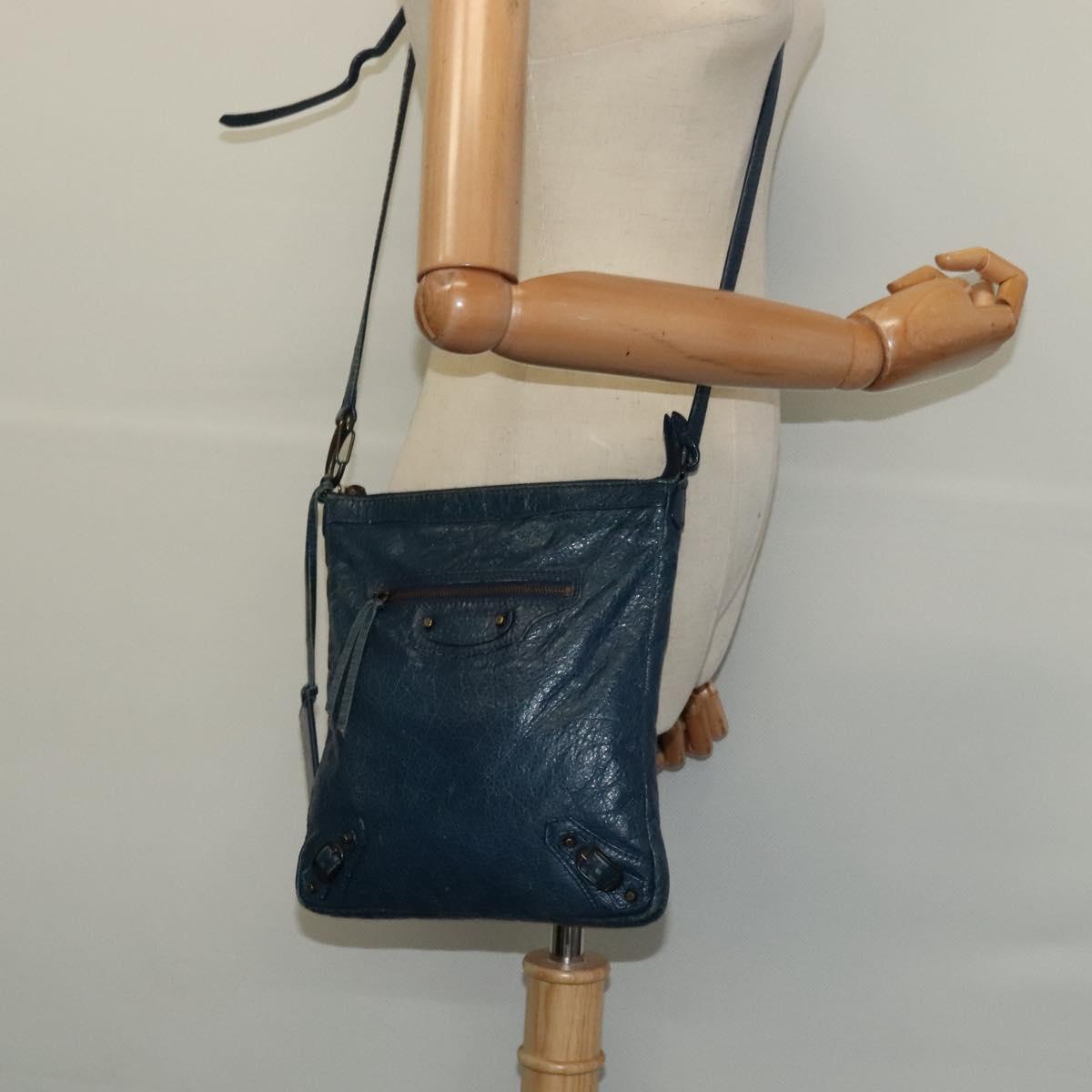 BALENCIAGA Classic Flat Shoulder Bag Leather Blue Auth bs24746