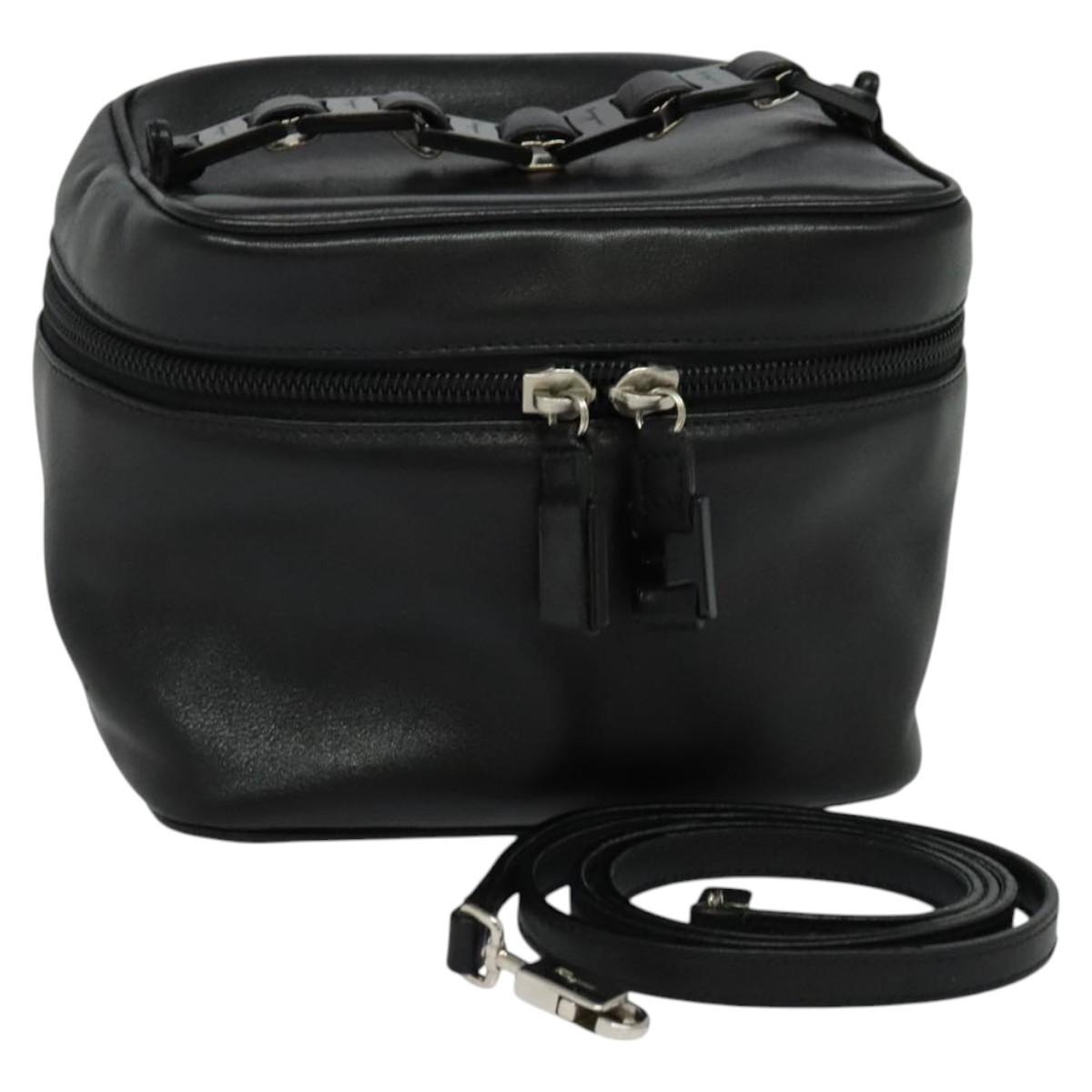 Salvatore Ferragamo Vanity Pouch Leather Black Silver Auth bs24755
