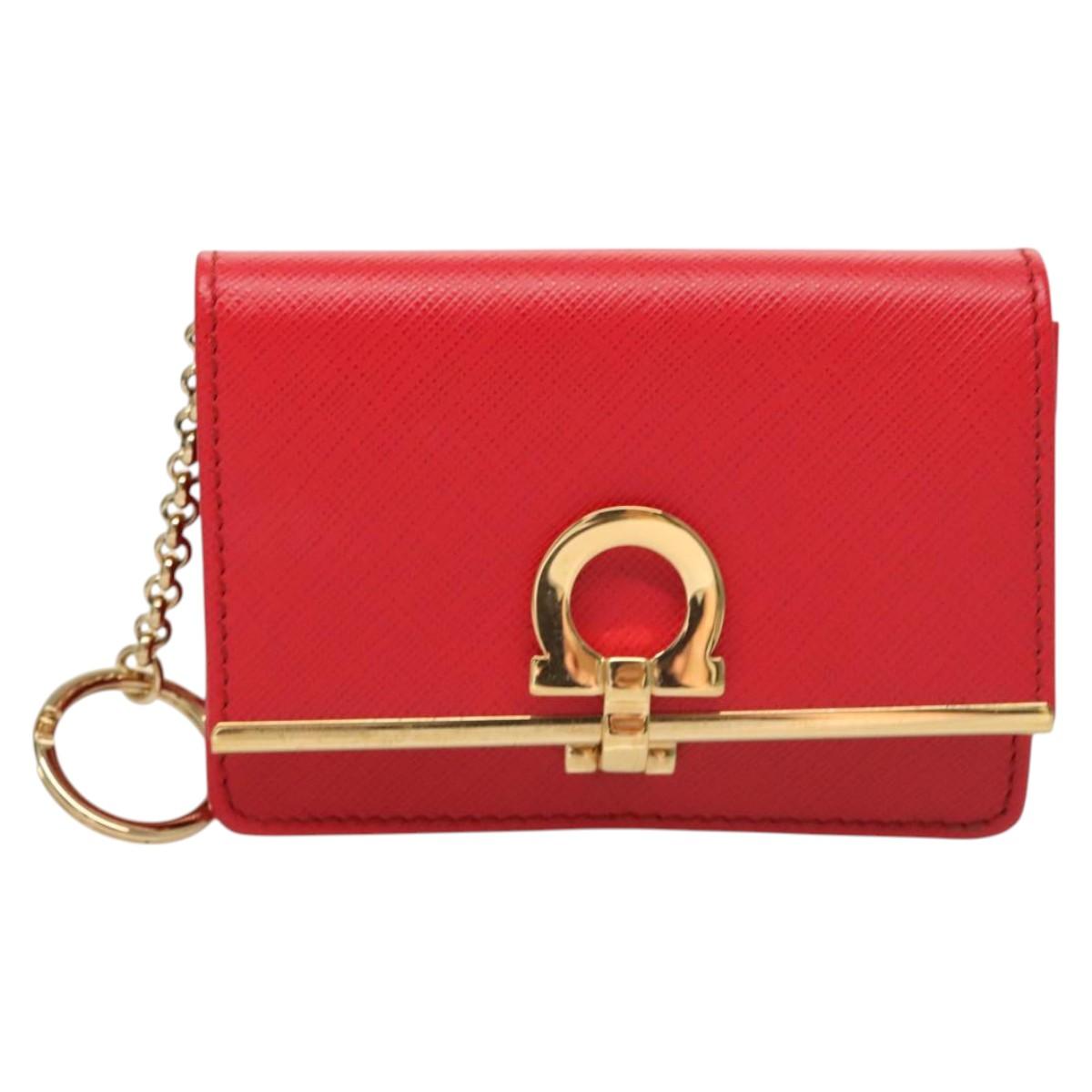 Salvatore Ferragamo Gancini Card Case Leather Red Gold Auth bs24757