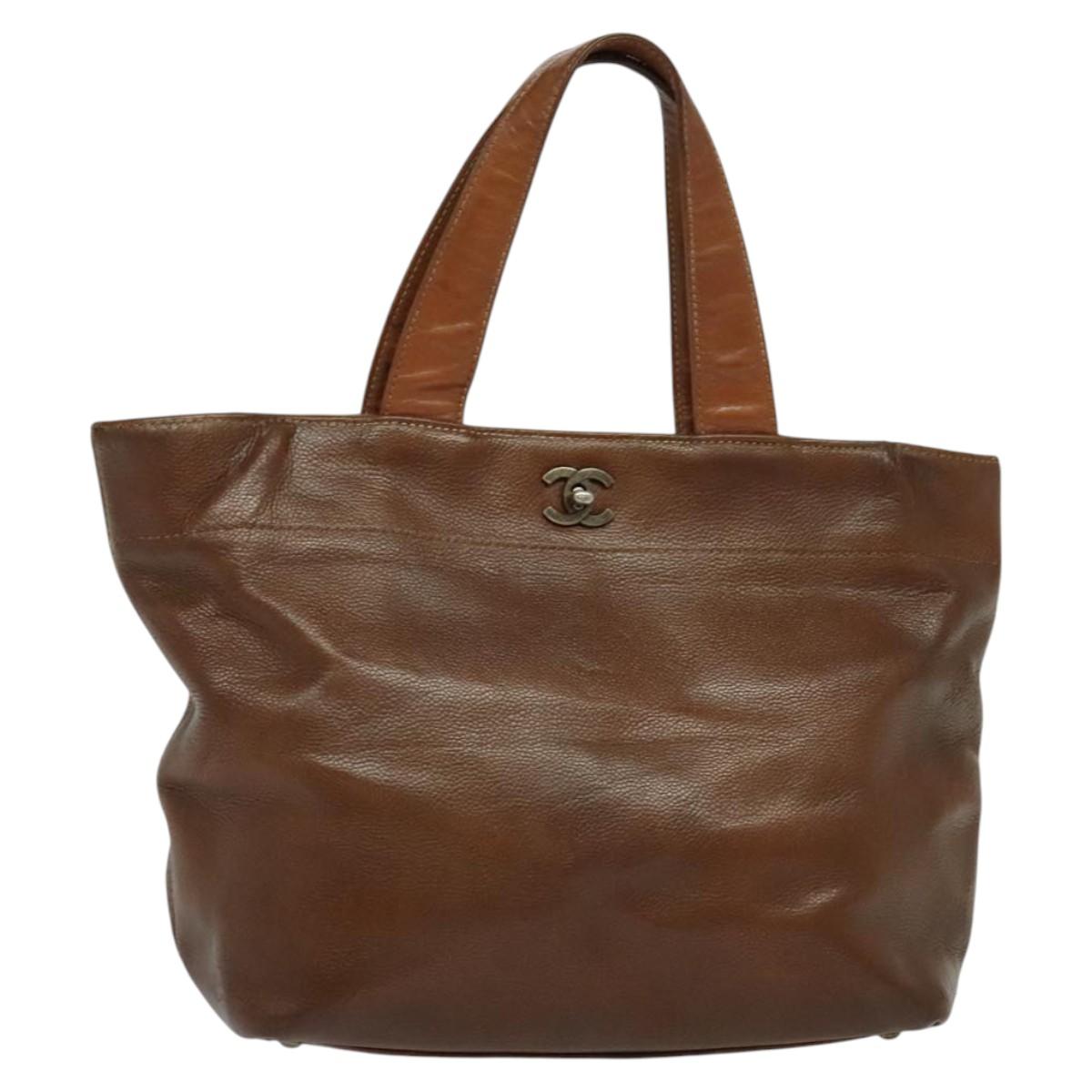 CHANEL Calf Skin Tote Bag Brown CC Auth bs24764