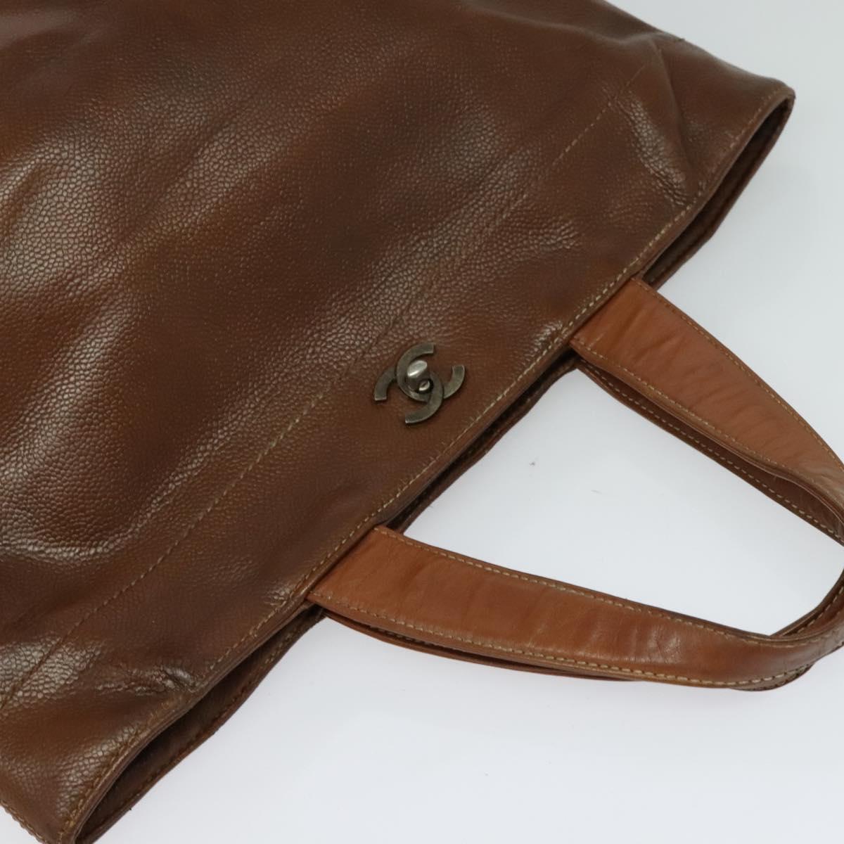 CHANEL Calf Skin Tote Bag Brown CC Auth bs24764