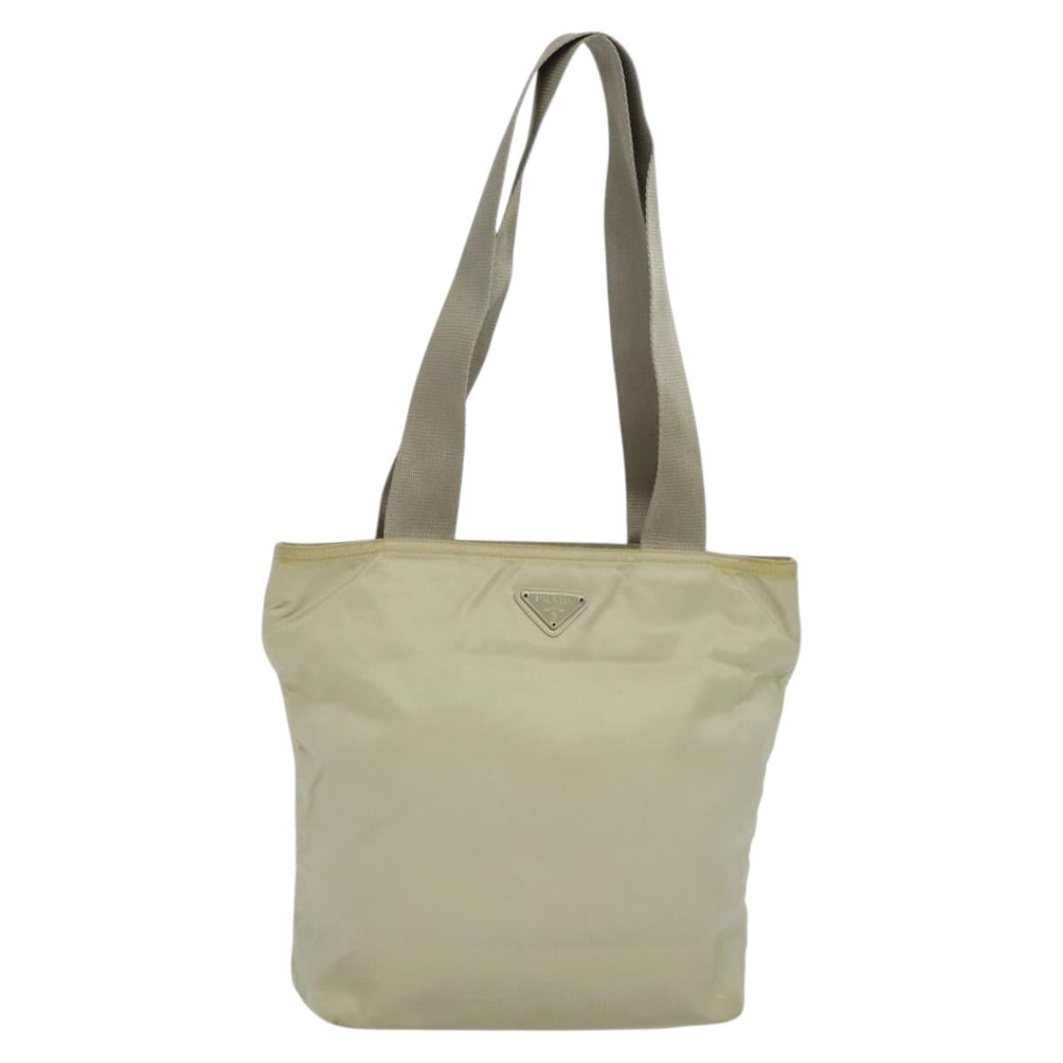 PRADA Tote Bag Nylon Beige Silver Auth bs24791