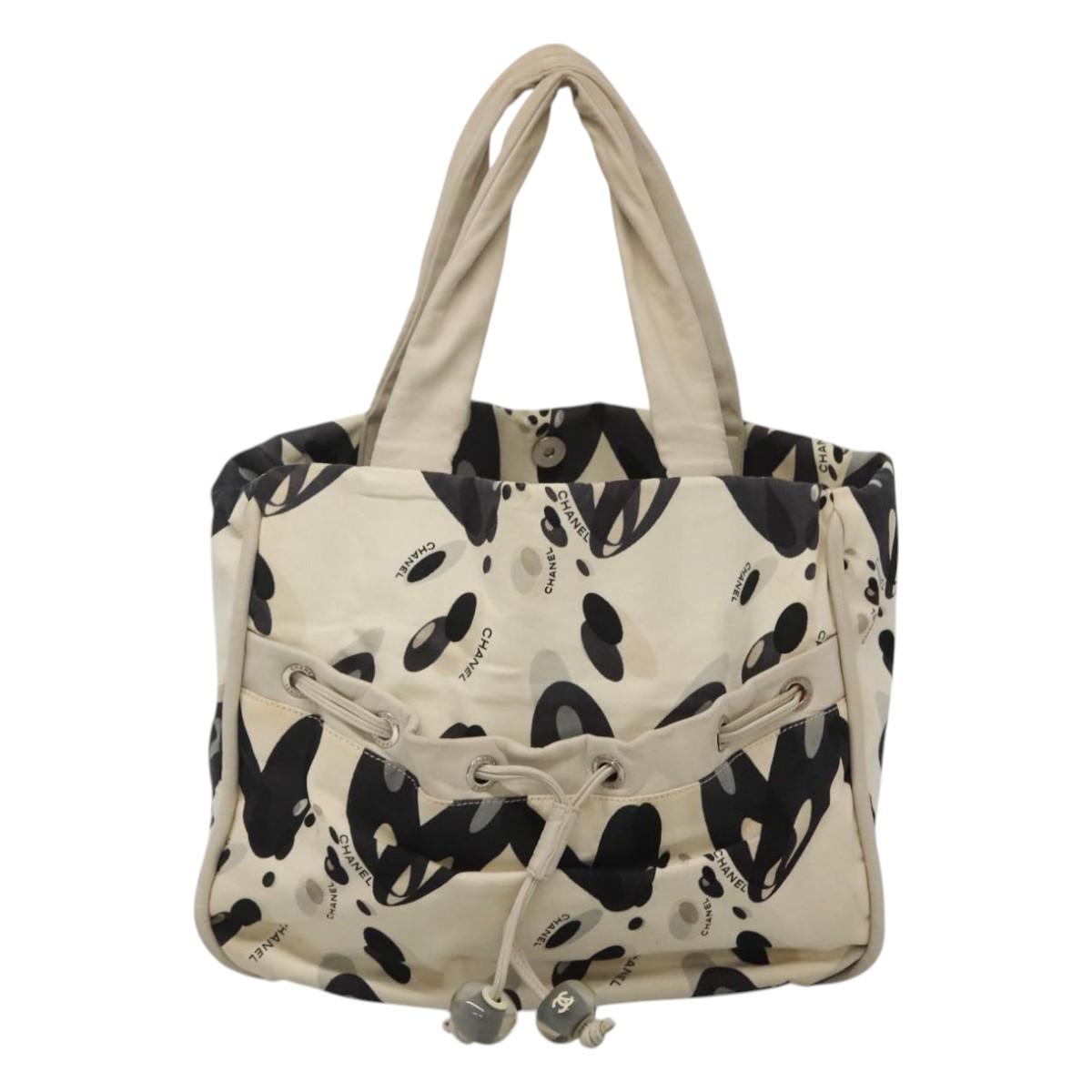 CHANEL Tote Bag Canvas White Silver CC Auth bs24978