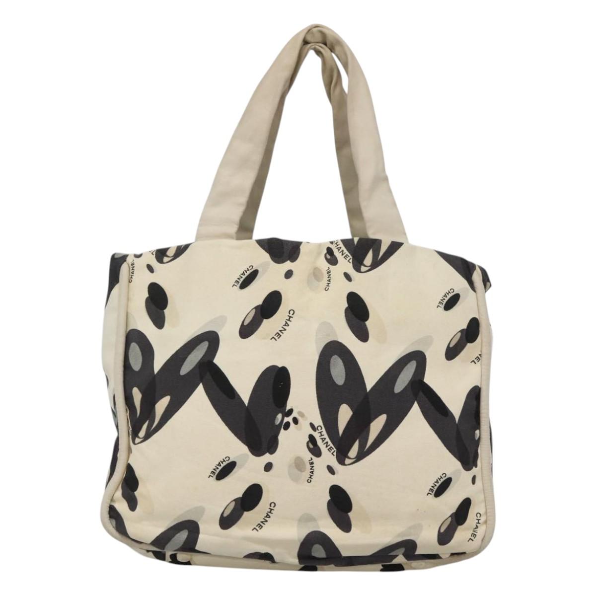 CHANEL Tote Bag Canvas White Silver CC Auth bs24978