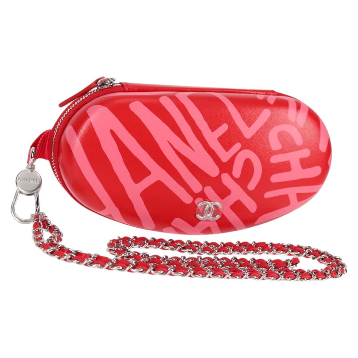 CHANEL Chain Glasses Sunglasses Case Glasses Case Leather Red CC Auth bs24979SAM