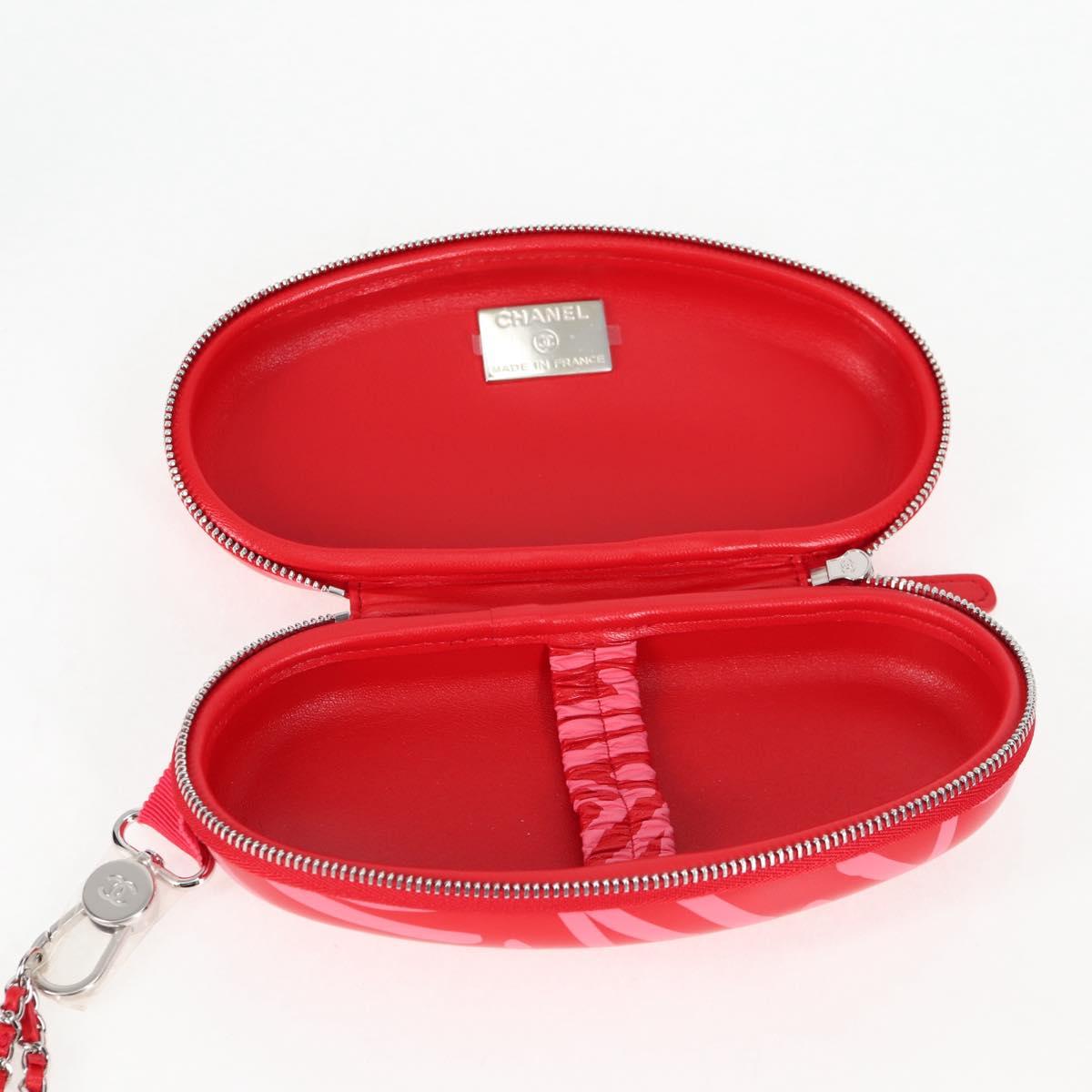 CHANEL Chain Glasses Sunglasses Case Glasses Case Leather Red CC Auth bs24979AM