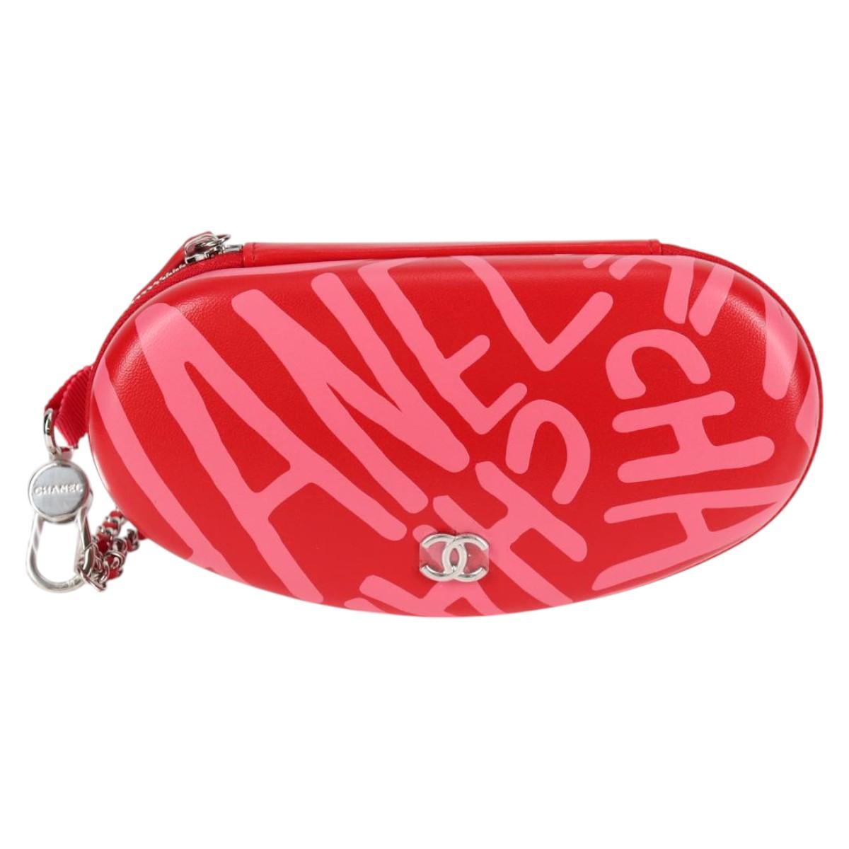CHANEL Chain Glasses Sunglasses Case Glasses Case Leather Red CC Auth bs24979SAM