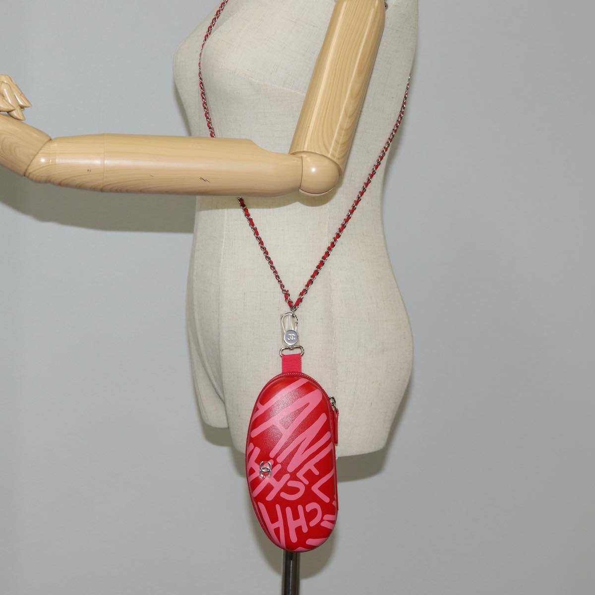 CHANEL Chain Glasses Sunglasses Case Glasses Case Leather Red CC Auth bs24979AM