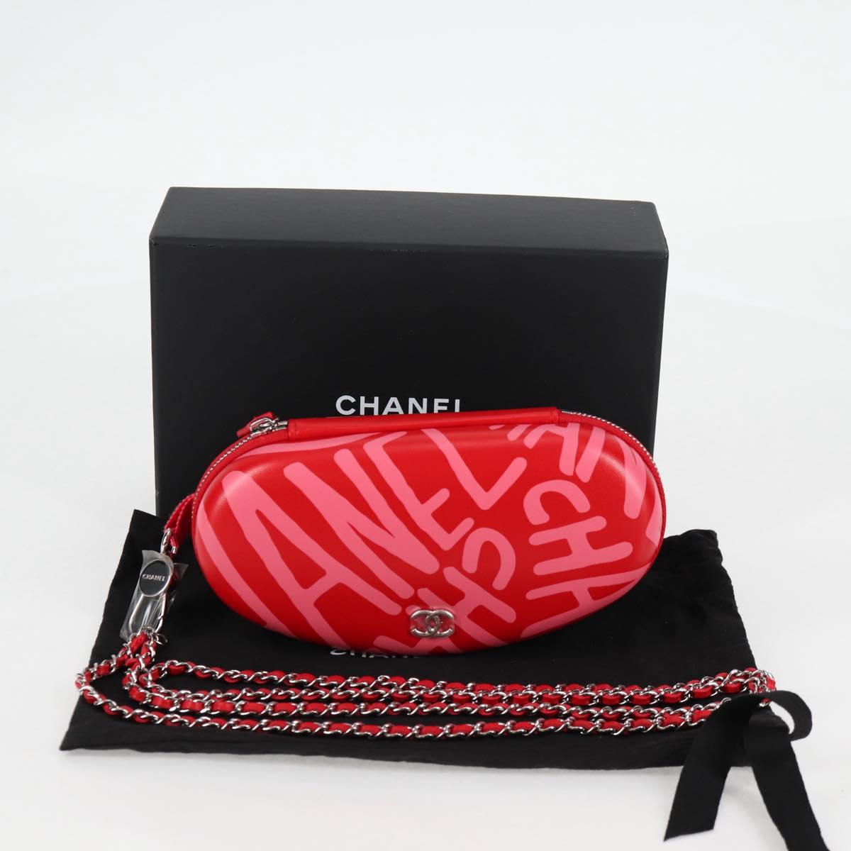 CHANEL Chain Glasses Sunglasses Case Glasses Case Leather Red CC Auth bs24979SAM