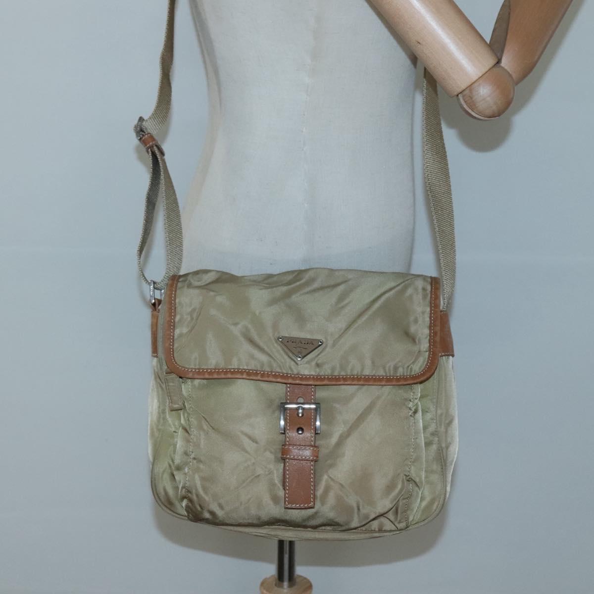 PRADA Shoulder Bag Nylon Beige Silver Auth bs25014