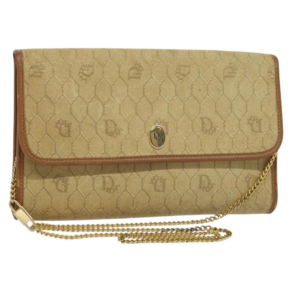 Christian Dior Honeycomb Canvas Chain Shoulder Bag Beige Gold Auth bs25041