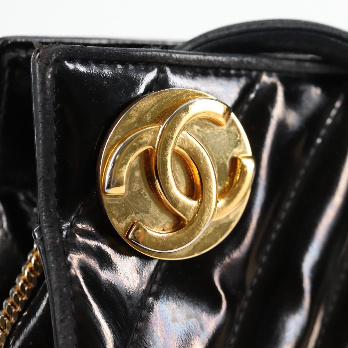 CHANEL V Stitch Shoulder Bag Enamel Black CC Auth bs25102