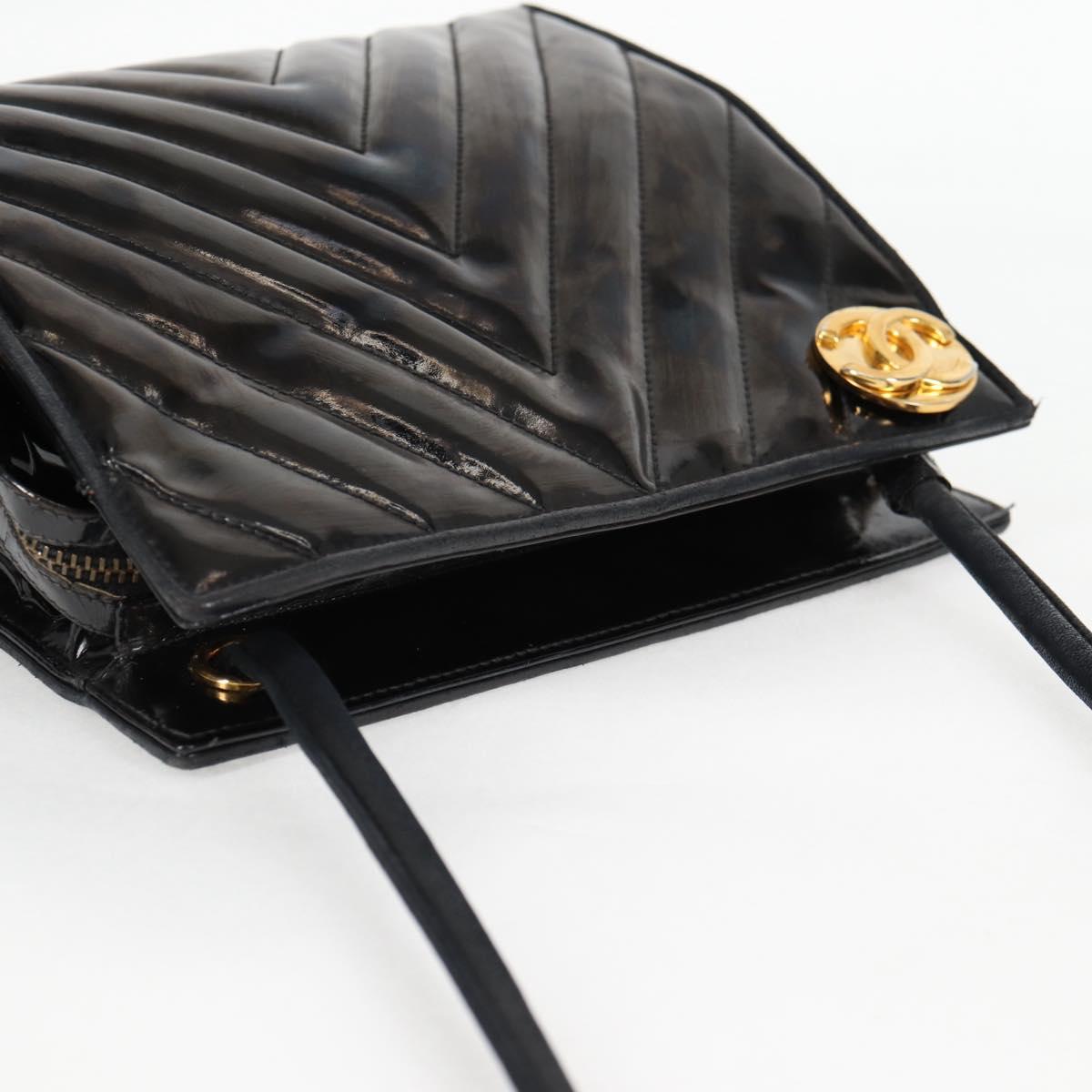 CHANEL V Stitch Shoulder Bag Enamel Black CC Auth bs25102