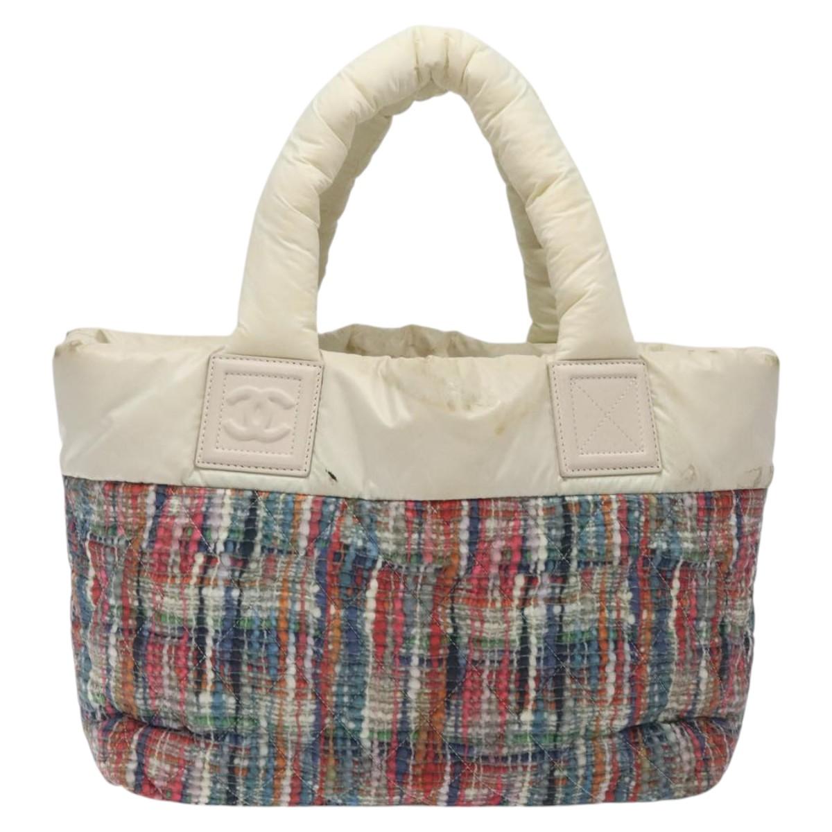 CHANEL Coco Cocoon PM Hand Bag Nylon White Multicolor Silver CC Auth bs25111
