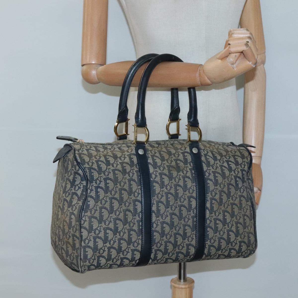 Christian Dior Trotter Canvas Boston Bag Navy Gold Auth bs25120