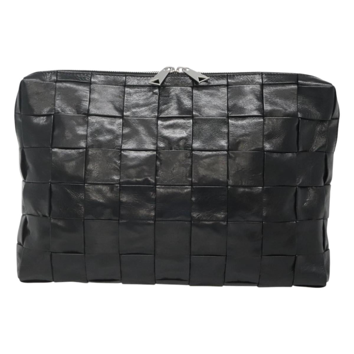 BOTTEGA VENETA Maxi INTRECCIATO Clutch Bag Leather Black Silver Auth bs25134