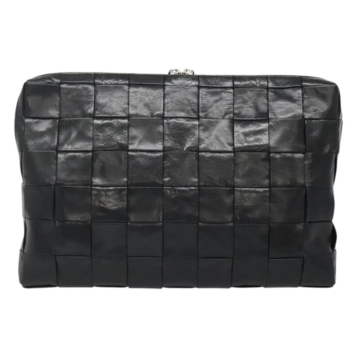 BOTTEGA VENETA Maxi INTRECCIATO Clutch Bag Leather Black Silver Auth bs25134