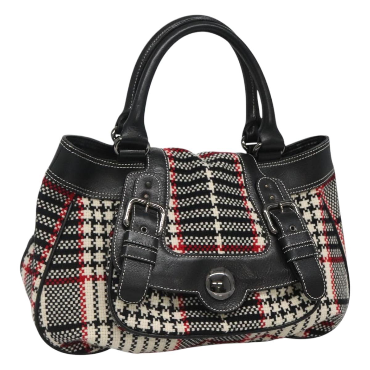 BURBERRY Nova Check Blue Label Hand Bag Wool Black Auth bs25149